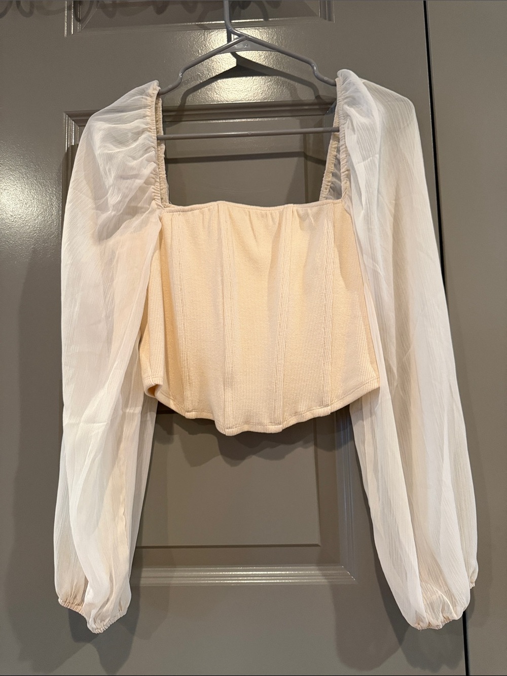 Promesa Cream and Ivory Sheer Puff-Sleeve Cropped Top